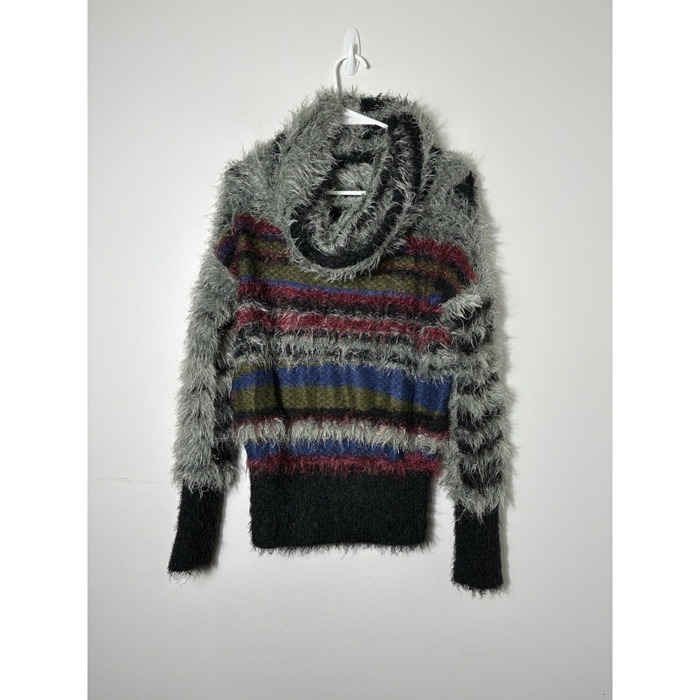 Desigual Shaggy Fuzzy Knit Cowl Neck Pullover Sz Small Striped Soft Retro 7680